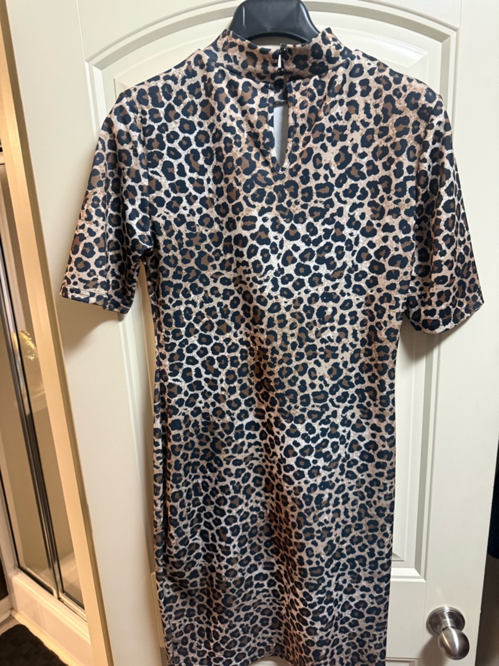 Leopard Print Mid-Sleeve Shift Dress - Beige & Black